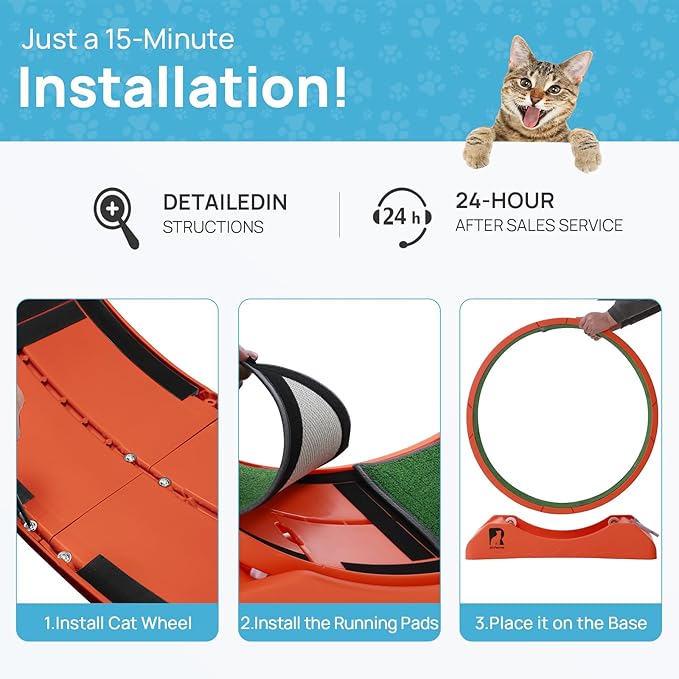 Cat Exercise Wheel, 47.2 Inch Indoor Treadmill for Cats with Carpeted Runway, Screw-Fixed Assembly for Easy Setup, Silent & Safe Fitness Equipment for Most Cats