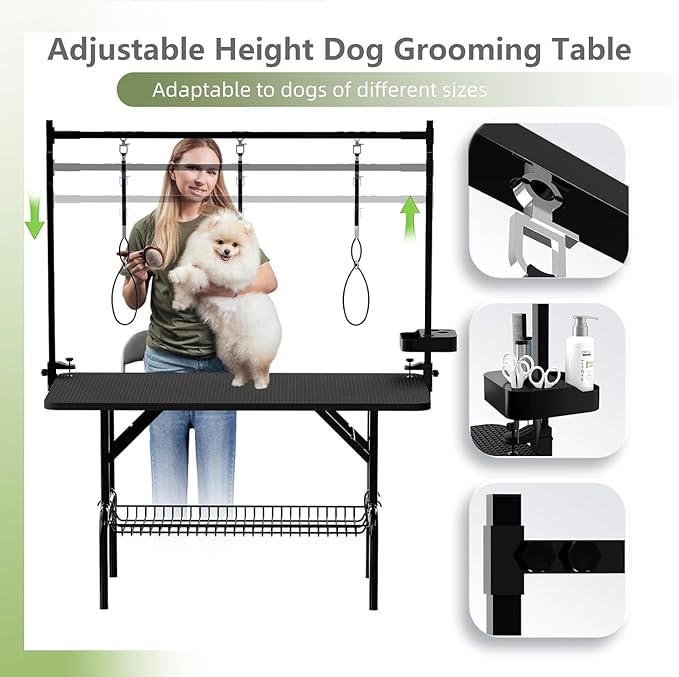 47"Professional Dog Pet Grooming Table Adjustable Heavy Duty Portable w/Arm & Noose & Mesh Tray (46", Black)