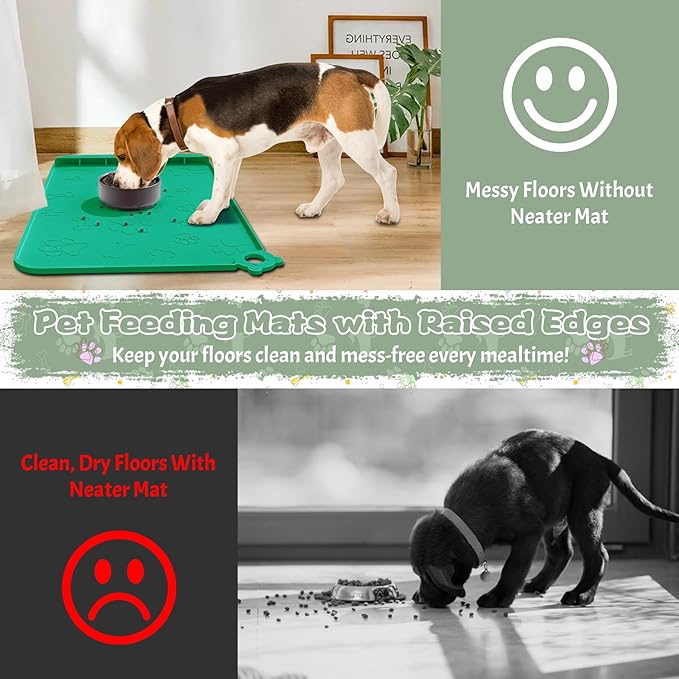 Silicone Dog Food and Water Mat - Pet Feeding Mats with Waterproof Design, Raised Edges and Hooks, Placemats for Cats and Dogs