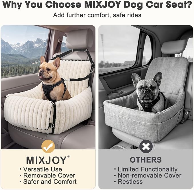 MIXJOY 6-in-1 Dog Car Seat for Small/Medium Dogs up to 25 lbs, Multi-Functional Dog Carrier for Car with Detachable Washable Cover, Pet Travel Bed with Clip-On Safety Leash, Beige