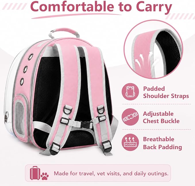 Expandable Cat Carrier Backpack for Cats & Dogs, Bubble Window Pet Travel Backpack with Breathable Mesh, Anti-Collapse Structure, Side Door, Safety Leash, for Vet Visits, Hiking, Outdoor, Pink
