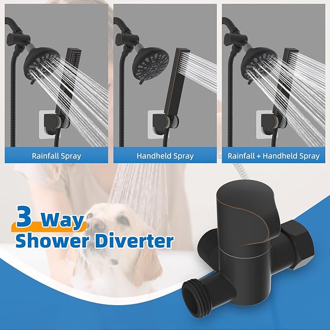 Hibbent All Metal Dog Sprayer Attachment Set, Stainless Steel Pet Shower Sprayer for Dog Washing and Bathing, 4 Sprays Handheld with Pause Mode, Brass Shower Diverter, 119" Hose, Oil-rubbed Bronze