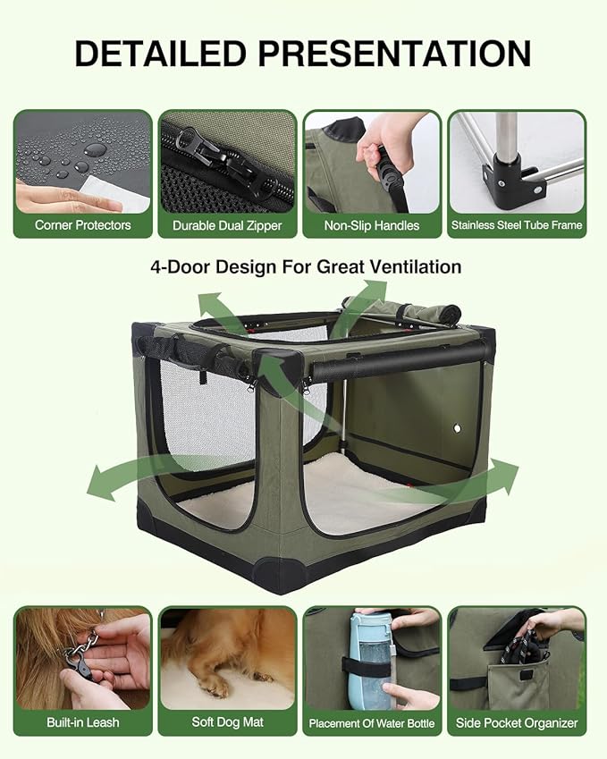 Veraste 42" L x 31" W x 31" H Collapsible Travel Dog Crate, Quick-Setup Portable Soft Dog Kennel for Large Dogs up to 90 lbs, 4-Door Foldable Travel Crate with Storage Bag, Green