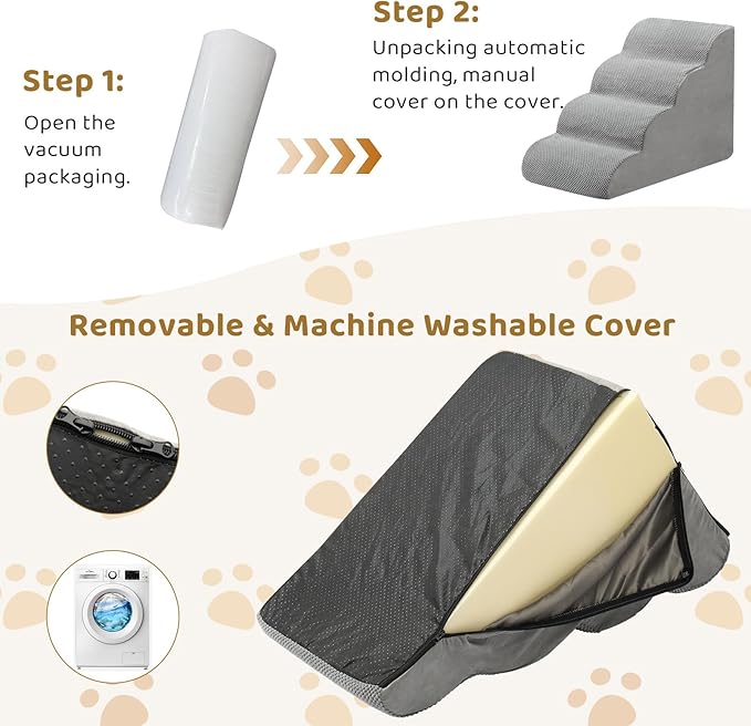 Dog Stairs for Small Dogs and Cats, Dog Stairs for Bed, 4-Step Dog Ramp, Non-Slip Sturdy Pet Steps for Small Dogs & Cats