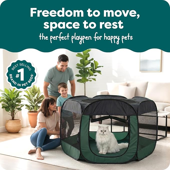 FurHaven Soft-Sided Dog & Cat Playpen, Portable Foldable Indoor & Outdoor Pet Playpen with Mesh Windows & Zippered Door, Hunter Green, Extra Large