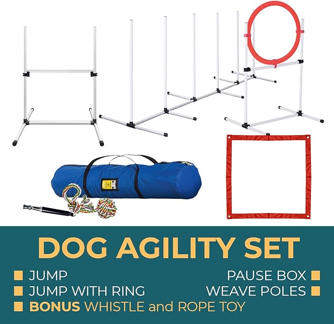Dog Agility Training Equipment - 4 Piece Obstacle Course Includes Dog Jump, Tire Jump, Pause Box and Weave Poles with Carrying Case, Indoor or Outdoor Use