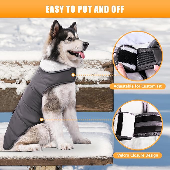 Dog Winter Jacket for Extra Large Dogs, Easy on 3XL Dog Snow Coat Velcro Waterproof Pet Puffer Clothes with Harness Hole Adjustable Reflective Quilted Pet Cold Weather Vest for Boy Male
