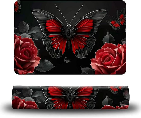 Dog Food Mat, 15.7" x 23.6" Absorbent Pet Feeding Mat for Food and Water, Waterproof Diatom Mud Pet Placemat with Non-Slip Rubber Backing, Cat Bowl Mat for Floors - Red Butterfly Flower