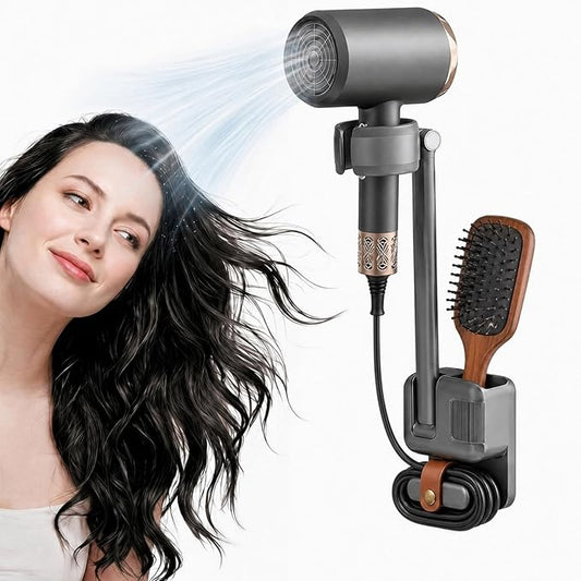 Hands Free Hair Dryer Holder Wall Mount, No Drill Installation, Damage-Free Wall, Adjustable Arm, With Cord Storage，Storage Slot，For Home & Hotel Bathroom, Bedroom Vanity, Fits Most Hair Dryers (Gray)