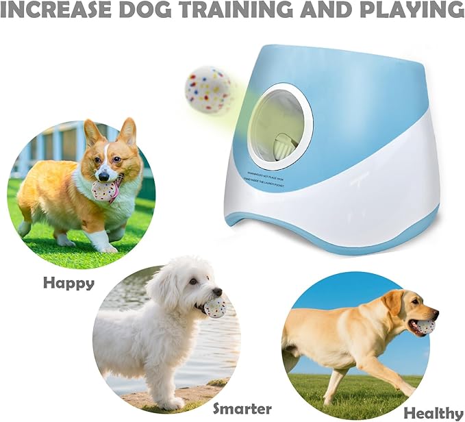 MEKAPLE Automatic Dog Ball Launcher for Samll to Medium Dogs, Upgraded Interactive Toy Balls Thrower, Distance Adjustable Mental Stimulating Dog Toys with 4 Etpu Balls 2.2 Inch (Blue)