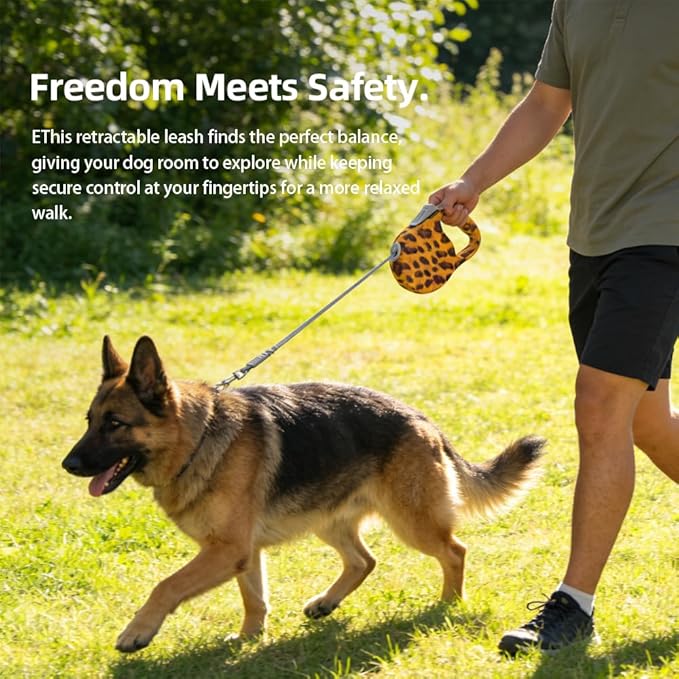 Retractable Dog Leash for Medium & Large Dogs up to 80 lbs, One-Handed Brake, 180kg Strong Nylon Tape, Tangle Free, Anti-Slip Handle (M & L Size) (Leopard Print, L-5M)