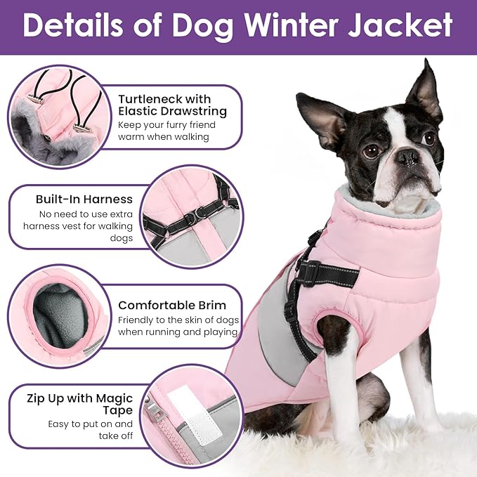 Dog Jacket, Large Dog Coat with Harness Built in, Warm Pet Winter Jacket Zippered Snow Coat with Furry Collar, Waterproof Fleece Snowsuit for French Bulldog, Pink L