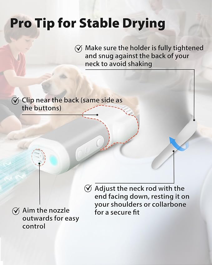 L&W BROS. 2-in-1 Pet Hair Dryer with Clamp Stand – Wearable & Hands Free Dog Grooming Dryer, 950W Low Noise Blower with 5 Heat & 3 Speed Settings, for Small to Medium Pets (White)