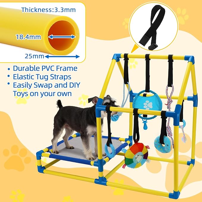 Puppy Play Gym with Hanging Toys, Dog Indoor Jungle Gym as Activities Center for Puppies, PVC Frame with 8 Enrichment Toys for Small Dogs Kitten and Other Pets