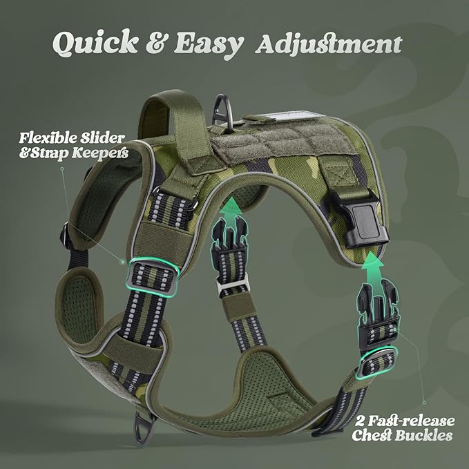 rabbitgoo Dog Harness for Small Dogs No Pull, Tactical Service Pet Vest with Molle and Control Handle, Adjustable and Reflective Military Harness for Easy Walking and Training, Green Camo, S