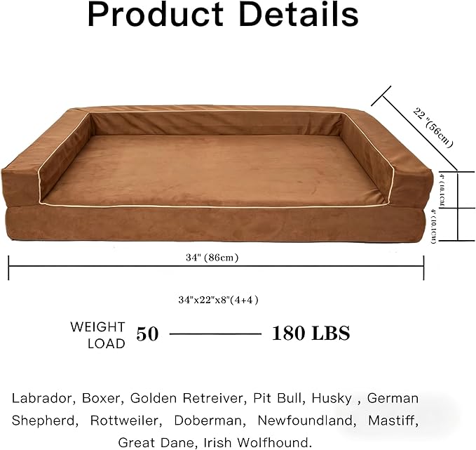 Orthopedic Dog Bed Medium - 4" Solid Memory Foam Pet Bed for Arthritis Relief & Hip Dysplasia - Bolster Style with YKK Zippered Waterproof Washable Cover & Bottom for Senior Dogs 10-50lbs