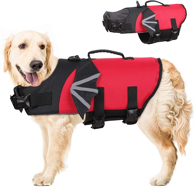 ROZKITCH Dog Life Jacket, Red Ripstop Pet Floatation Evil Life Vest for Small Middle Large Dog, Safe Durable Comfortable Adjustable Preserver with High Buoyancy for Swimming Boating at Pool Beach
