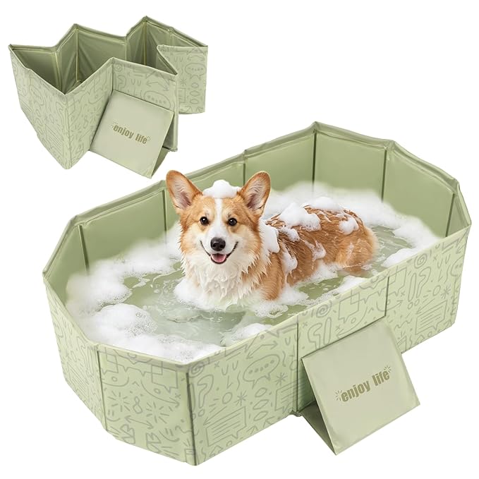 YUEPET Foldable Dog Bathtub,Portable Pet Bath ub with Drain Plug,Collapsible Wash Shower Basin with Non-Slip Base, Insulated Shower Pool for Small to Medium Dogs & Cats, Space-Saving for Travel（Green）