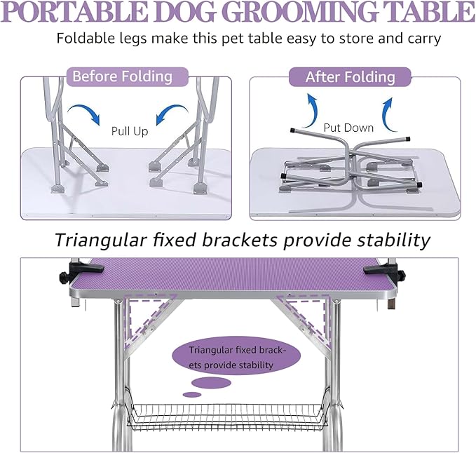 Professional Dog Pet Grooming Table Adjustable Heavy Duty Portable w/Arm & Noose & Mesh Tray (Purple, 42")