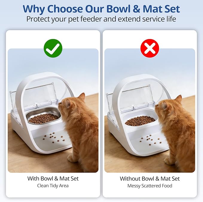 2-Pack Stainless Steel Cat Bowls + 1 Feeding Mat, Specially Designed for Automatic Microchip cat feeders Upgraded Rubber Sealing Ring Design, Durable, Safe for Hands and Pets During Cleaning
