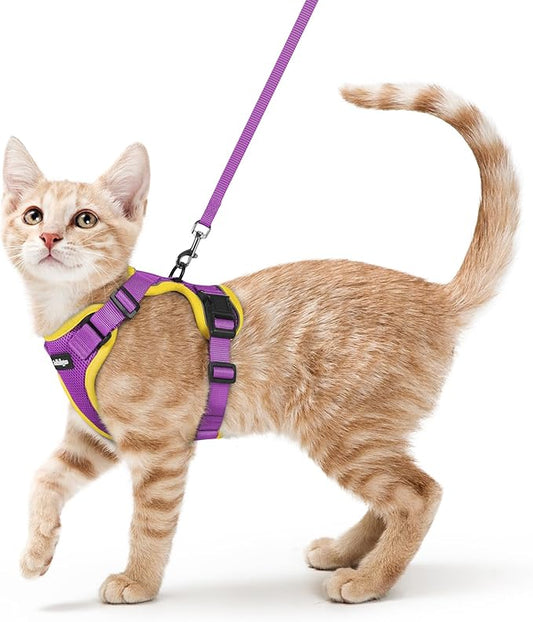 rabbitgoo Cat Harness and Leash Set, Escape Proof Vest Harness for Safe Outdoor Walks, Soft Breathable Adjustable Vest with Reflective Strips for Small and Average Cats, Purple&Yellow, S