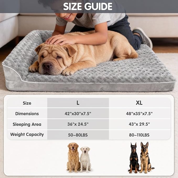 Orthopedic Dog Bed with Pillows,Large Memory Foam Dog Bed Sofa for Medium Large Dogs,Waterproof Washable Cover, Non-Slip Bottom,42x30x7.5Inch Supportive Pet Bed Couch,Light Grey