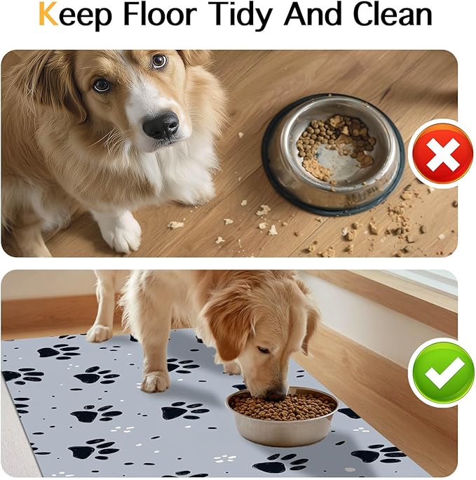 HOMETITUTE 24x16 inch Non Slip Pet Food Mat Cat Bowl Placemat for Food and Water Small Dog Bowl Mats Cat Food Mat Easy to Clean Feeding Mat for Small Pets Paw Print Design