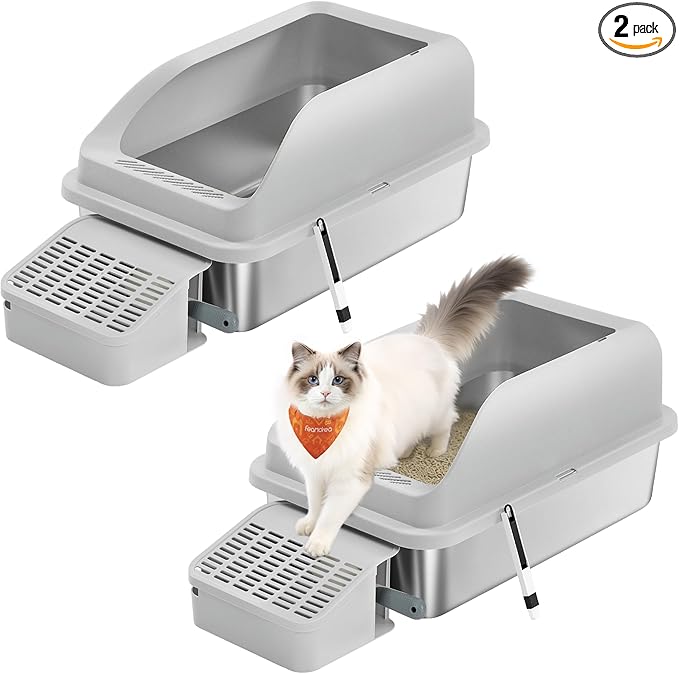 Feandrea 2 Pack Stainless Steel Cat Litter Boxes with Open Top, High Sided Litter Trays with Step, Scoop, Brush, for Cats up to 33 lb, Light Gray UPPT012GD01