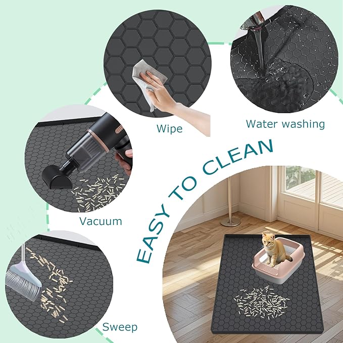 Cat Litter Mat for Litter Box, Silicone Large Cat Litter Trapping Mat - 37x22 in, Waterproof & Non-Slip, Durable & Easy Clean, Black