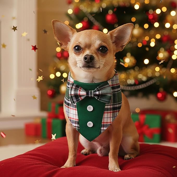 ADOGGYGO Christmas Green Dog Tuxedo Bandana, Plaid Pet Bowtie Collar, Adjustable Green Plaid Christmas Costume for Small Dogs (S)