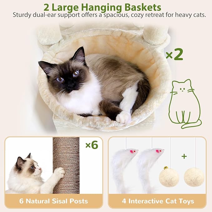 Globlazer 75in Sturdy Cat Tree for Large Cats, Heavy Duty Multi-Level Cat Tower for Indoor Cats with Extended Platform, 2 Spacious Condos, 2 Padded Perches, 6 Sisal Scratching Posts, S75, Beige