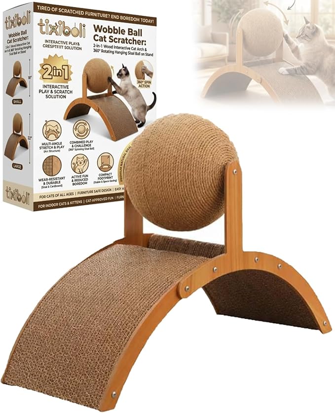 Wobble Ball Cat Scratcher, 2 in 1 Wood Interactive Cat Arch Scratching Ball on Stand with Arched Bridge and 360° Rotating Hanging Sisal Balls for Indoor Cats Kittens(Small)