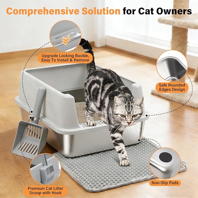 Stainless Steel Litter Box with High Sides, Small Metal Litter Box for Kittens & Small Cats, Low Entry Kitten Litter Boxes with Scoop and Mat, Non-Sticky, Anti-Urine Leakage, Easy Cleaning, Gray