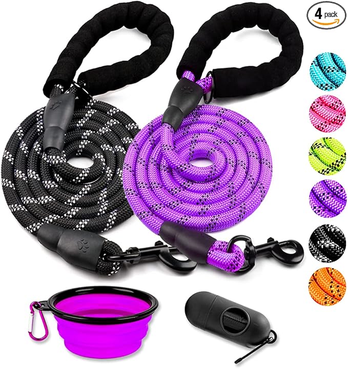 COOYOO 2 Pack Dog Leash 5 FT Heavy Duty - Comfortable Padded Handle - Reflective Dog Leash for Medium Large Dogs with Collapsible Pet Bowl