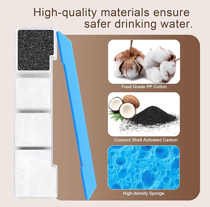 Kastty 15L Dog Water Fountain Filter Replacement, Pet Water Fountain Filter Made of Activated Carbon and PP Cotton, 10 Pack Dog Water Filter Dispenser 10 Pack Pre-Filter Sponge with 10 Pump Sponge