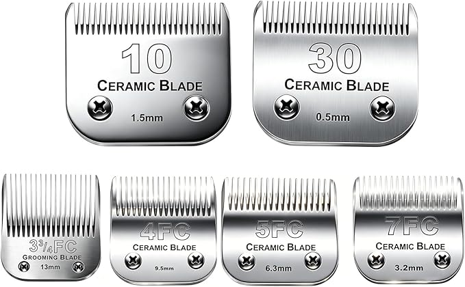 6Pack 10Blades Dog Grooming Replacement Blades Compatible with Andis Pet Clipper/Oster A5/Wahl KM Series Dog Clipper,Ceramic Blade & Stainless Steel Blade (#10+30+5FC+7FC+3FC+4F)