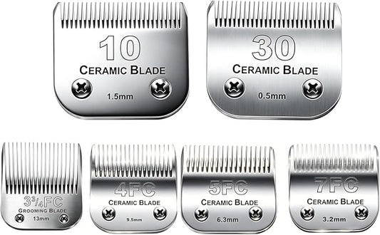 6Pack 10Blades Dog Grooming Replacement Blades Compatible with Andis Pet Clipper/Oster A5/Wahl KM Series Dog Clipper,Ceramic Blade & Stainless Steel Blade (#10+30+5FC+7FC+3FC+4F)