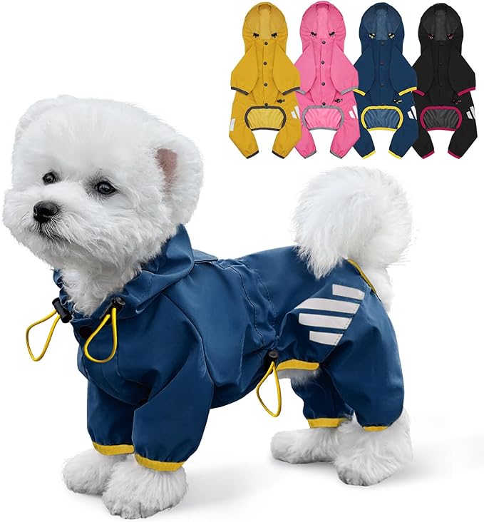 Dog Raincoat, Waterproof Dog Rain Jacket with Hood, Dog Rain Coat with Leash Hole, Reflective Strap for Small Medium Dogs, Lightweight Puppy Clothes(Blue,XS)