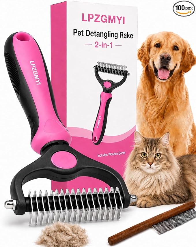Undercoat Rake for Dogs, Pet Grooming Tool Pro Deshedding Brush Double Sided Cat Brushes Long Hair Dematting Comb Professional Extra-Wide Stainless Steel Teeth Supplies for Matted Fur on Cats (Pink)