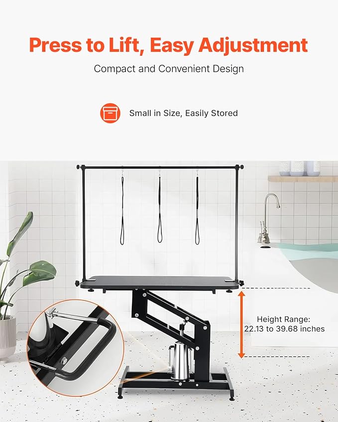 VEVOR Hydraulic Pet Grooming Table, 400LBS Static Load Capacity, 42.5 x 24 Inch Dog Grooming Station with Anti-Slip Tabletop and Dual Height Adjustable Arms with Clamps, for Medium and Small Dogs