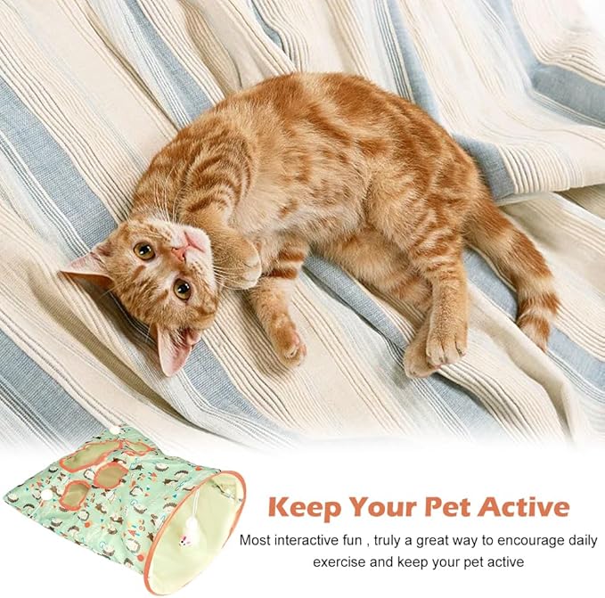Cat Tunnel Toy, Cat Tunnel Bags with 1 Little Mouse & 3 Ball Crinkle Sack Bag for Cats, Portable Training Cave Collapsible Interactive Cat Drill Bag Pet Toy, Cat Self Interactive Toys(Green)