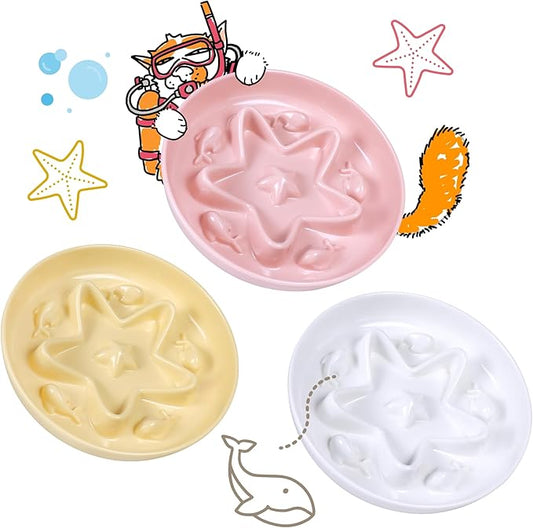 3 Pcs Cat Slow Feeder Bowl – Whisker Friendly Melamine Puzzle Feeding Cat Bowl for Slow Eating – Wet & Dry Food – Dishwasher Safe, Lightweight, Non-Slip (Buttercream + Coral Pink + Shell White, 6.3'')