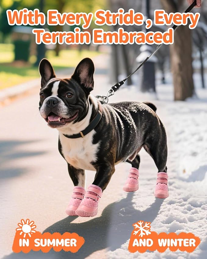 Petanims Dog Shoes for Small Dogs, Double Binding Straps Puppy Boots & Paw Protectors for Summer Hot Pavement, Winter Snow, Dog Booties with Anti-Slip Rubber Soles for Beach Hardwood Floor Pink Size 1