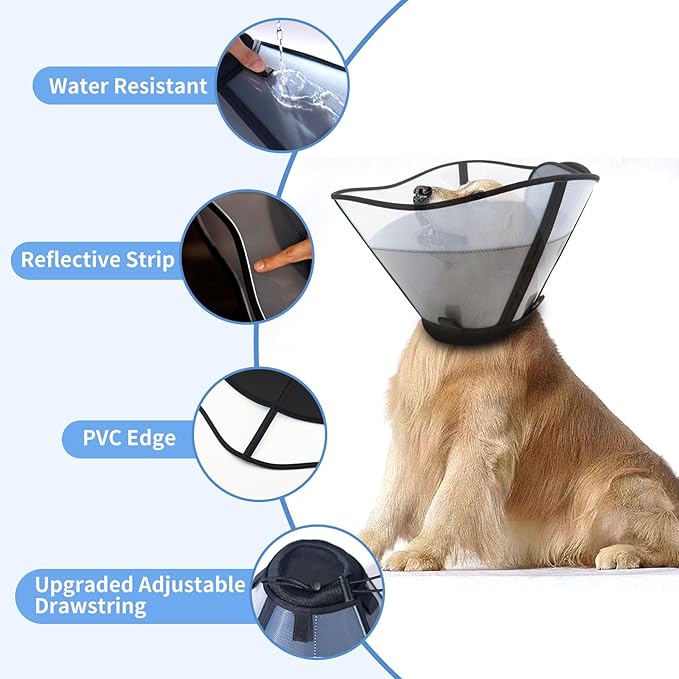 WinWeal Soft Dog Cone for Large Medium Dogs After Surgery – Adjustable Transparent Recovery Collar, Breathable Elizabethan E-Collar for Wound Healing & Anti-Licking (XL, Black)