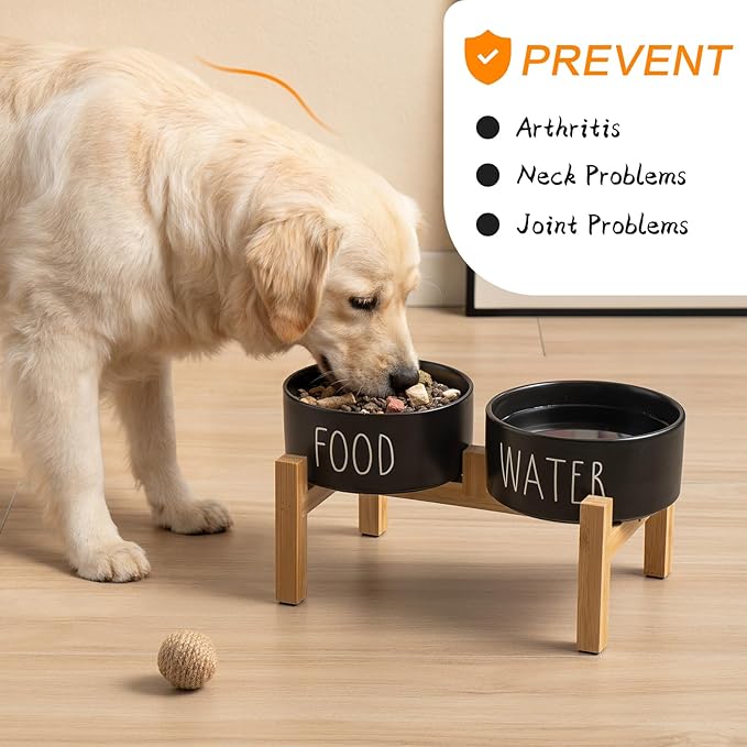 Elevated Ceramic Dog Bowls Set - Food & Water Lettering Raised Dog Bowl with Non-Slip Bamboo Stand for Cats and Small Dogs, Weighted Dogs Dishes Pet Bowls (5.1 inch, 2 * 16oz, Black)