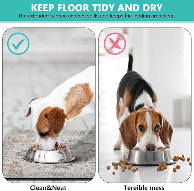 Vintage Tribal Dog Food & Water Mat, Boho Pet Feeding Mat for Floor Non-Slip Waterproof, Super Absorbent Cat Bowl Mat, Easy to Clean Durable Pet Placemat,16" × 24"