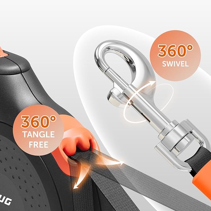 TUG 360° Tangle-Free Retractable Dog Leash | 16 ft Strong Nylon Tape (Large, Black/Orange)