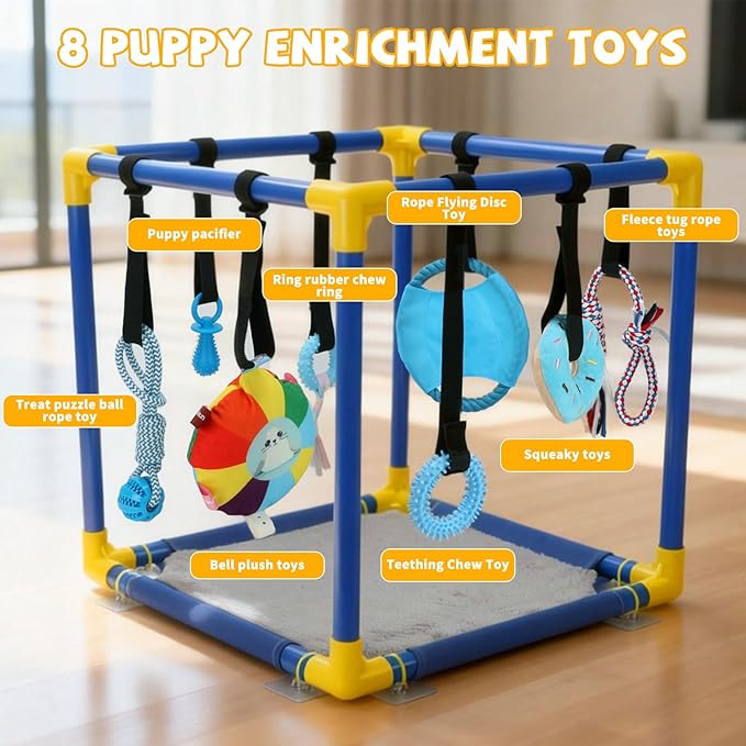 Puppy Play Gym with Hanging Toys, Dog Indoor Jungle Gym as Activities Center for Puppies, PVC Frame with 8 Enrichment Toys for Small Dogs Kitten and Other Pets