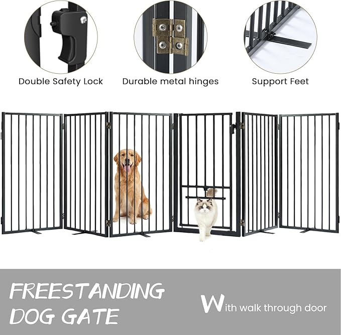 Metal Freestanding Dog Gate with Cat Door for Outdoor & Indoor,34" Tall Foldable Pet Fence,120" Extra Wide Dog Gate for RV Camping,Stairs,Hallways,Doorways,Deck,Yard,with 5PCS Support(6 Panels,Black)