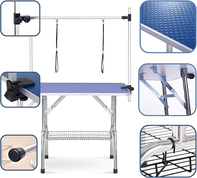 Pet Dog Grooming Table, Adjustable Large Heavy Duty Professional Foldable Trimming Stage with Arms, Noose, Mesh Tray, Maximum Capacity Up to 330LBS, 36''/Blue